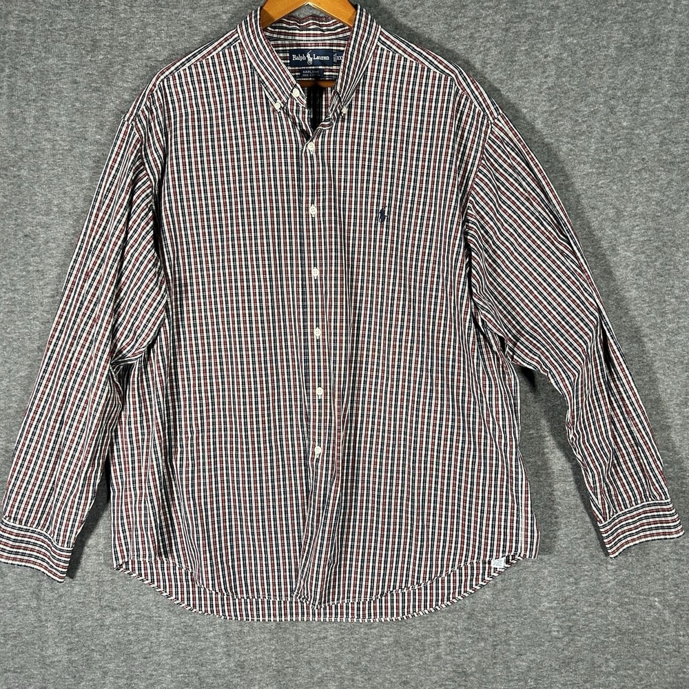 Ralph Lauren Button Down Shirt Men 2XL Red White Blue Stripe Long Sleeve Marlowe